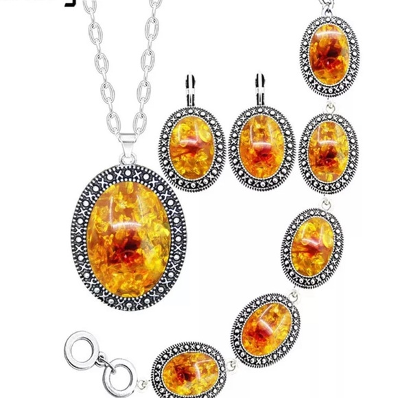 Handmade Jewelry - Oval Simulated Warm Amber Necklace Bracelet Ring Jewelry Set
